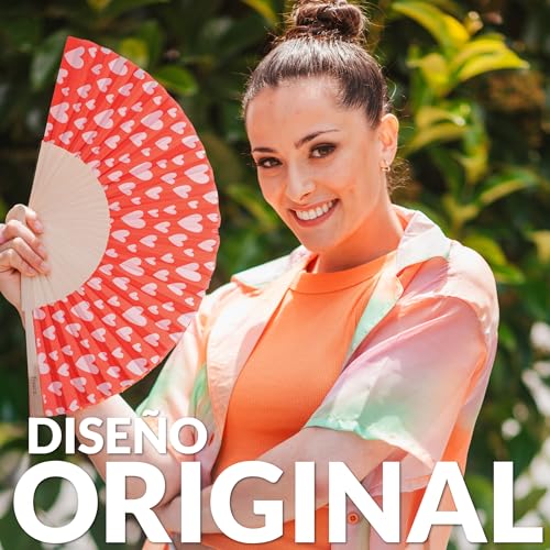 Fisura – Original red Folding Fan with Hearts Design, Wooden Handheld Fan for Women, Includes Hanger, Ideal for Wedding, Party, Travel, Gift or Romantic Decoration - color: Hearts