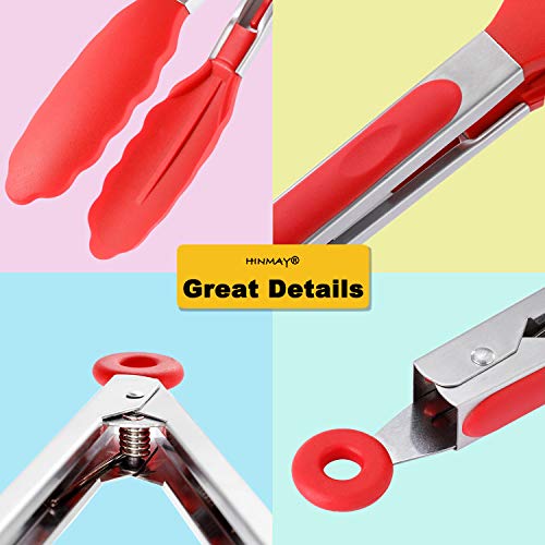HINMAY Silicone Cooking Tongs 9-Inch Serving Tongs, Set of 3 (Red) - color: Red