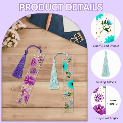 2 Pieces Dried Flower Acrylic Bookmarks, Transparent Floral Book Page Holder with Tassels, Cute Bookmark Clear Acrylic Tassels Book Marks Cute Book Accessories Gift for Reading Lover(2 Colors) - color: Deep Purple, Aqua Blue