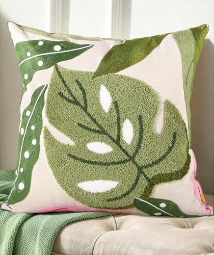 Embroidered Throw Pillow Cover, 18x18 Inch, Monstera Leaves - color: Monstera-leaves, size: 18" x 18" (Pack of 1)