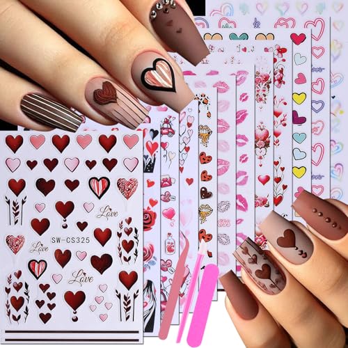 Valentine's Day Nail Art Stickers 12 Sheets 3D Self-Adhesive Heart Nail Decals with Tweezers Romantic Love Hearts Flower Lips Balloon Leopard Designs Brown Pink Slider for Women Nails Art Decoration - style: Valentine