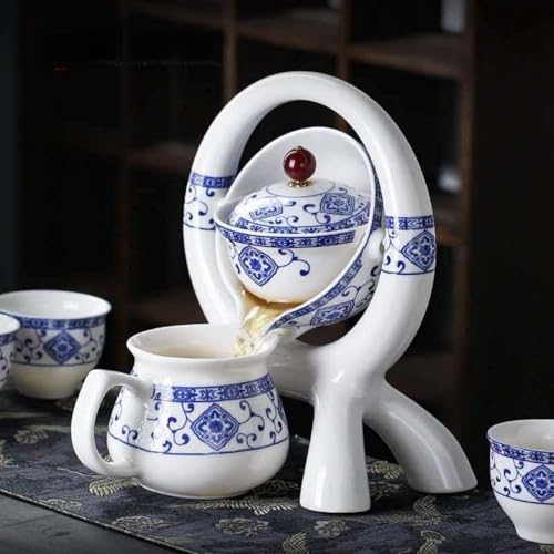 Ceramic Teapot with Infuser - Chinese Gongfu Tea Set, 6Cups, Semi Automatic Design for Loose Leaf Tea - color: White Circle