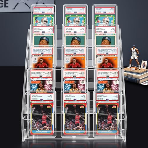 tutata Trading Card Display Stand, PSA Card Display Acrylic Shelf, Vertical Holder for Baseball Cards, Easy Clip-On Design 5-Tier