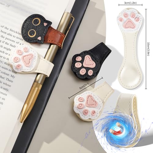Ovesmusl 2Pcs PU Leather Paw Magnetic Bookmarks with Pen Holder - style: Paw (White+Black)