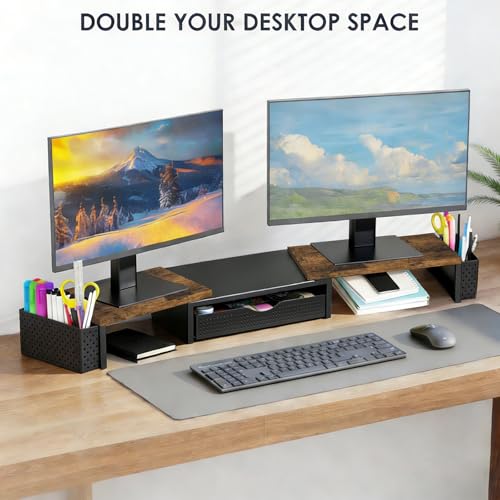 Spacrea Wood Dual Monitor Stand Riser with Drawer and 2 Pen Holders - color: Wood