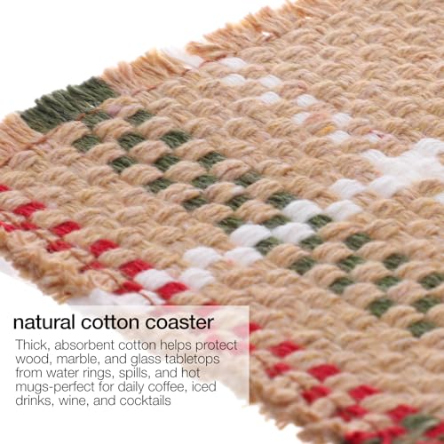 Set of 10 Fabric Drink Coasters, Handcrafted Cotton Woven Coasters for Table, Coastal Farmhouse Table Decor for Coffee Tea Cocktails, Absorbent Soft Desk Coasters for Kitchen Office, Housewarming Gift - color: Red & White Square
