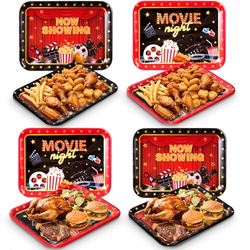 Vesici 4 Pack Movie Night Melamine Serving Trays, 13 x 10 Inch Rectangular Cinema Snack Platters with Popcorn & Film Designs, Durable Serving Plates for Home Theater, Parties & Appetizers - style: Movie Night