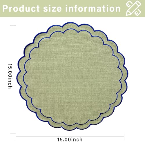 Linen Cotton Placemats Set of 4 Scalloped Flower Embroidery Place Mats 15'' Natural Linen Texture Fabric Machine Washable Table Mats for Restaurant Kitchen,Table Decor(Matcha Green) - color: Matcha Green