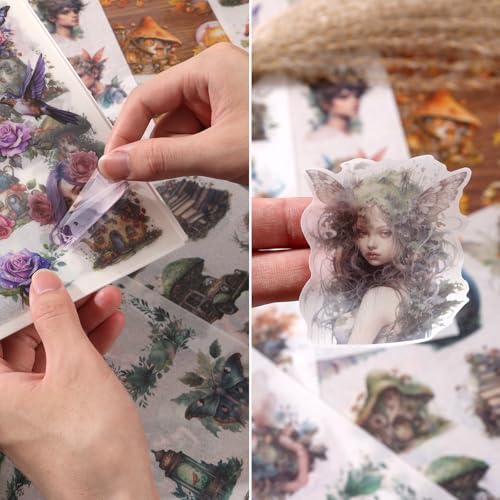 Scrapbook Fantasy Stickers 20 Sheets 240 Pre-Cut Washi Stickers for Journaling PET Transparent Fairy Sticker Decorative or DIY Paper Crafts, Arts and Crafting Projects - color: Forest Elves