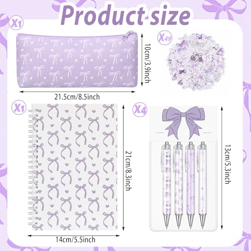 Sayglossy Purple Bow Set Pen Spiral Notebook Journal Pencil Case Sticker - color: Purple