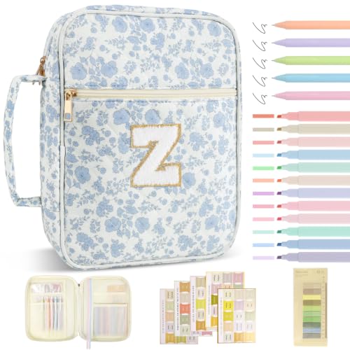 Personalized Initial Bible Cover Case for Women Girls Kid - Large Quilted Bible Case with Handle,Chenille Letter Bag Study Supplies,Christmas Gifts for Christians Birthday Graduation(Blue Flower-Z) - color: Blue Flower, size: letter-Z