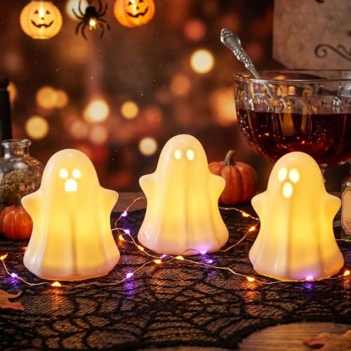 Ceramic Ghost Decor, Light Up Ghost Figurines for Halloween Decorations - color: Glossy White