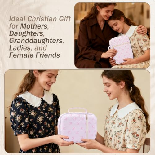XKDOUS Bible Cover for Women Bible Bag Kit Church Book Holder Carrying Case - color: Pink Bow