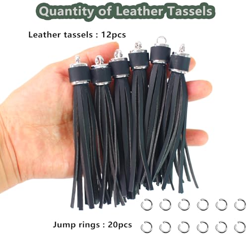 4.3'' Black Leather Tassels 12Pcs with Silver Caps - color: Black