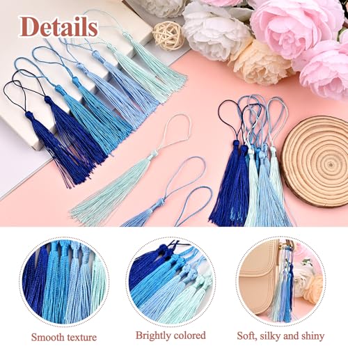 NACHLYNN 120 Pcs Bookmark Tassels Bulk 13cm/5 Inch Silky Handmade Soft Craft Mini Tassels for Jewelry Keychain Making with Loops for Dress Decoration DIY Craft Accessory (Blue Series) - color: Blue Series