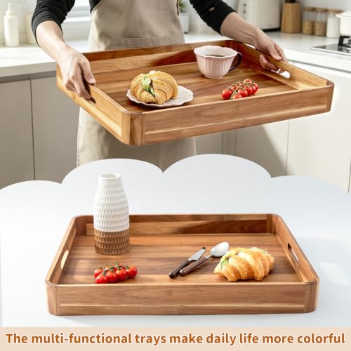 Wooden Serving Tray with Handles, Ottoman Tray for Kitchen Counter/Coffee Table/Living Room Decor,Versatile Tray for Party Rustic Wood ServingTray for Dinner/Breakfast/Snack Entertaining Guests