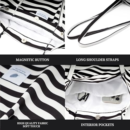 Corduroy Tote Bag Cute Tote Bags for Women Shoulder Bag with Inner Pocket for Work Beach Travel and Shopping Grocery - style: Black and White Stripes