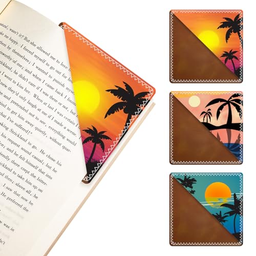 3 Pieces Leather Bookmarks, Personalized & Cute Book Accessories for Reading Lovers, Page Markers for Women Men Girls Boys Student Teacher Kids Retirement Birthday Gifts (Sunset, Coconut Trees) - color: Sunset, Coconut Trees
