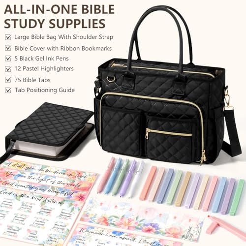 Large Bible Bag with Bible Cover Case for Women, Quilted Church Tote Bag