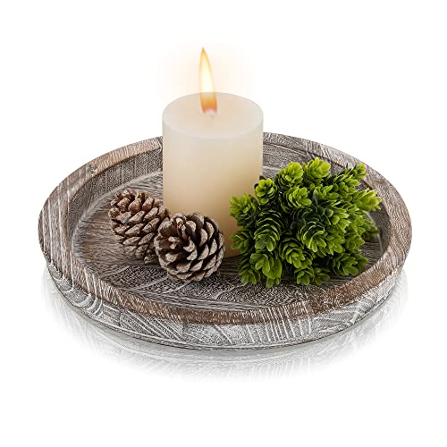 Hanobe Decorative Coffee Table Tray, Round Wood Candle Holder Plate - color: White Washed