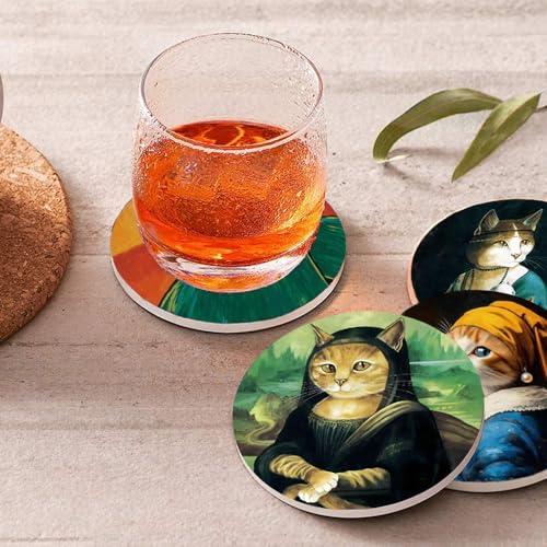4inch Round Fun cat-Themed Marble Coaster with Storage Rack 8pcs - color: Cat Coasters