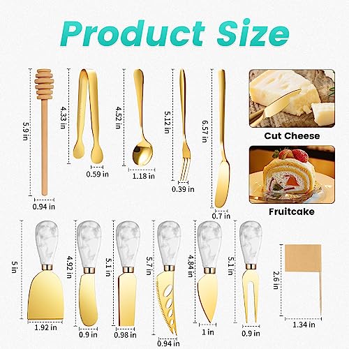 Marble Gold Cheese Knife Set, Ceramic Handle Charcuterie Board Accessories Butter Spreader Slicer Knife With Serving Tongs, Spoons, Forks, Flags Markers, Wooden Honey Dipper - color: Marble Gold