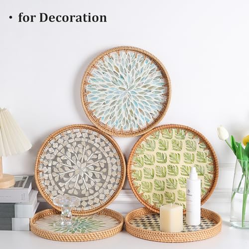 Round Rattan Tray with Mother of Pearl Inlay, Rattan Serving Tray for Coffee, Bread, Fruits, Decorative Wicker Tray for Table Decor, Home Decor, Kitchen Island Decor (Ambilight, 11.8")