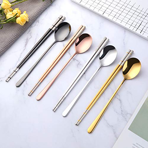 Buyer Star 4 color Square Chopsticks and Spoons Set Metal Stainless Steel Spoons Chopsticks Set - color: 4 color A-square chopstick and spoon