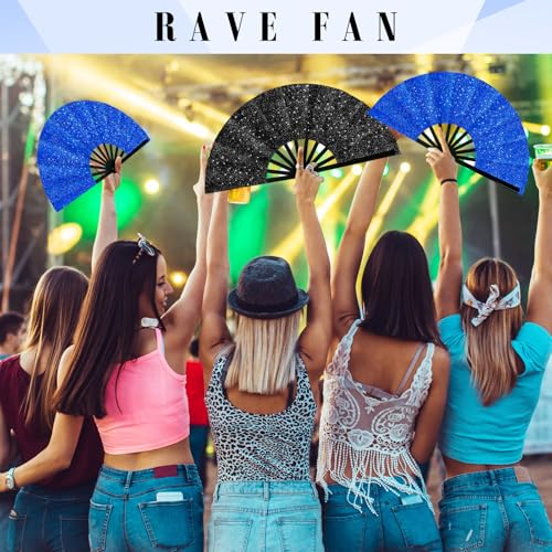 Maitys 2 Pack Foldable Fans for Rave Dancing,Dark Color,Glitter Pattern - color: Dark Color, style: Glitter Pattern