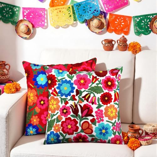 HunnmingRe 2 Pcs Mexican Boho Throw Pillow Covers 18 x 18 Inch Embroidery Colorful Floral Throw Pillows Ethnic Decorative Fiesta Cushion Covers for Bed Couch Sofa Home Decor(White, Red) - color: Red,white