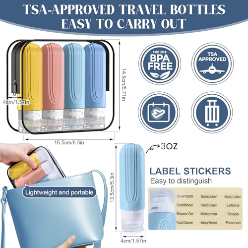 Travel Bottles for Toiletries, 3oz TSA Approved Travel Size Toiletries, Silicone Leak-Proof Refillable Containers, Squeezable Liquid Essentials Bottles W/Clear Bag (COLORFUL) - color: COLORFUL