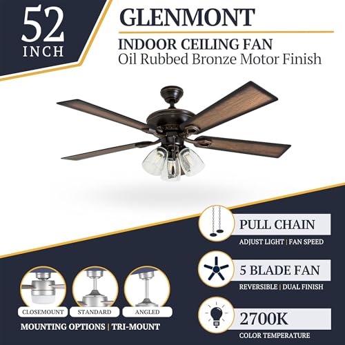 Prominence Home Glenmont, 52 Inch Farmhouse LED Ceiling Fan with Light, Pull Chain, Three Mounting Options, Dual Finish Blades, Reversible Motor - 40278-01 (Oil-Rubbed Bronze) - color: Bronze