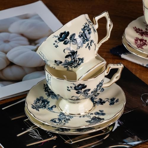KAMMAK Tea Cups and Saucers Set of 2, 6.8 oz Porcelain Coffee Cups, 563N - size: 7KPSP563N