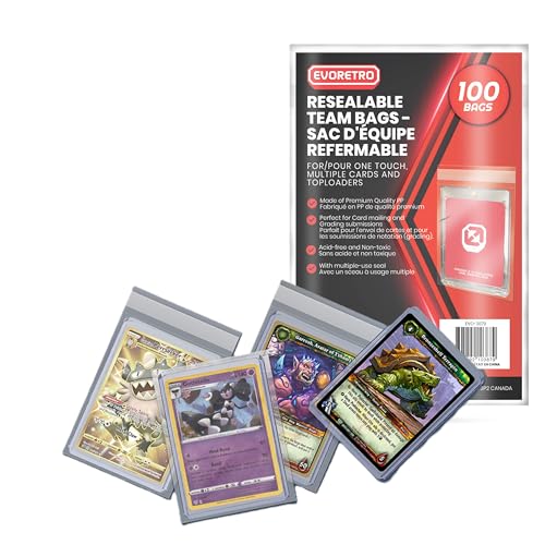 EVORETRO Resealable Team Bags for Trading Cards - 100 Pack Trading Card Team Bags for Toploaders & One-Touch (35pt–100pt) - Acid-Free Crystal Clear TCG Card Sleeves for Storage & Display - size: Resealable Team Bags (Pack of 100)