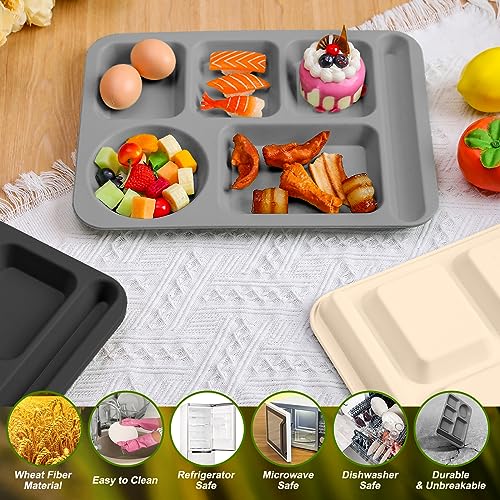 Pinkunn 12 Pcs 14'' Large Divided Plates Unbreakable Wheat Straw Lunch Trays 6 Compartments Cafeteria Trays Microwave Dishwasher Safe Food Separator Plates (Black, Dark Gray, Beige) - color: Black, Dark Gray, Beige