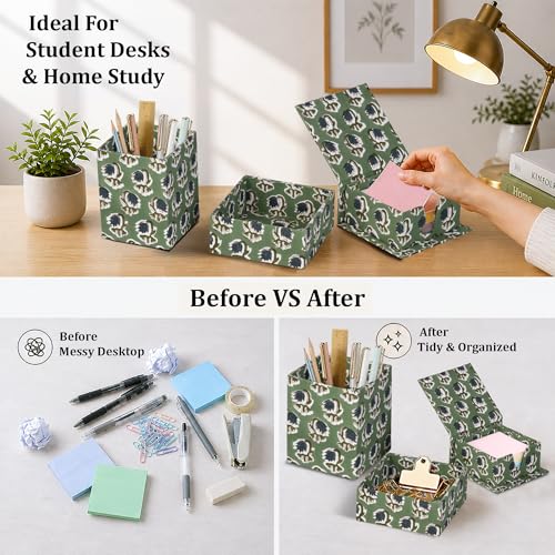Ridhi Basil Green Block Print Office Desk Organizer Pen & Note Holder - color: Basil Green
