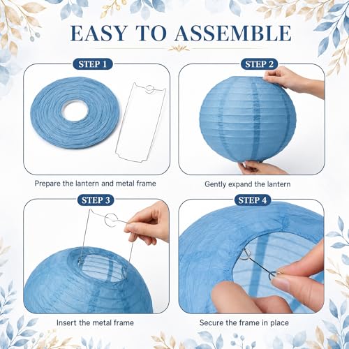 15 Pack Dusty Blue Paper Lanterns with String, 6/8/10 Inches - color: Dusty Blue, Light Blue, Ivory, Kraft, Taupe