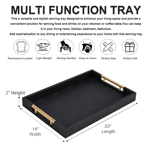 Black Faux Leather Large Square Tray with Handles – Decorative Serving for Coffee Table, Ottoman, Living Room & Bathroom - color: Black, size: 20" x 14" x 2"