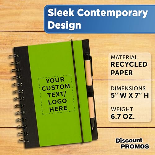 DISCOUNT PROMOS Custom Eco Block Notebooks with Pens Set of 10/50/100, Personalized Bulk Pack - Perfect for School, Office, Business, Home - Lime Green - color: - Custom - Lime Green, size: 10/50/100 notebooks