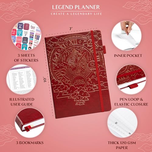 Legend Planner PRO Weekly & Monthly, Large Undated, 7”x10”, Wine Red - color: Wine Red + Gold Foil