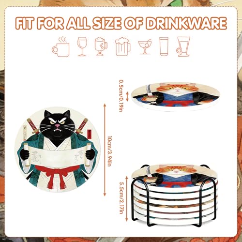 Funny Cat Coasters Set of 6, Japanese‌ Anime Cat Round Ceramic Drink Coasters with Holder Cork Backing Absorbent Coffee Table Protection, Christmas House Warming Gifts - color: Japanese Cat