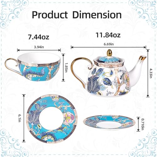 KAMMAK Tea for One Set, Ceramic Teapot, Bone China Tea Set, Cup and Saucer - color: Blue-GH05