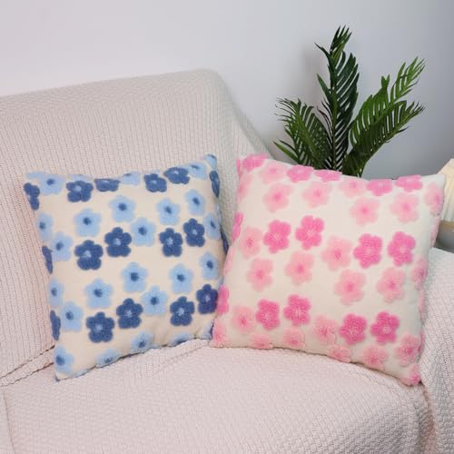 Pink Floral Throw Pillow Covers 18x18 Inch Set of 2, Flower Jacquard Farmhouse Decorative Faux Fur Cushion Cases for Sofa Bedroom Living Room Home Decor Pink x2 - color: Plum Blossom Pink X2, size: 18" x 18" (Pack of 2)