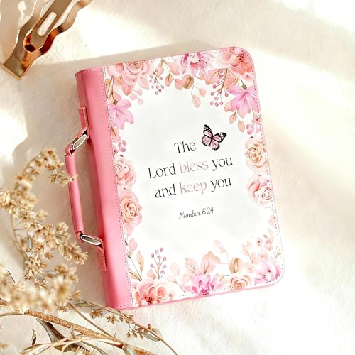 Large Bible Cover Case for Women - Faux Leather Bible Study Organizer Bag with Complete Journaling Kit & Accessories, Pink Floral with Zipper Closure