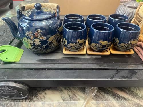 Gift Set Japanese Tea Set, Asian Black Glazed Ceramic Tea Set - Contains 1 Teapot, 1 Tea Strainer and 6 Teacups. Ideal for Home, Outdoor, Office (Blue2) - color: Blue2