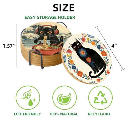 Coasters with Holder Set of 6, Japanese Ninja Cat Absorbent Cork Coaster Anime for Cup Desk Office Table Kitchen Decor House Warming Gifts for New Home Couples, Round 4" - color: Cat002