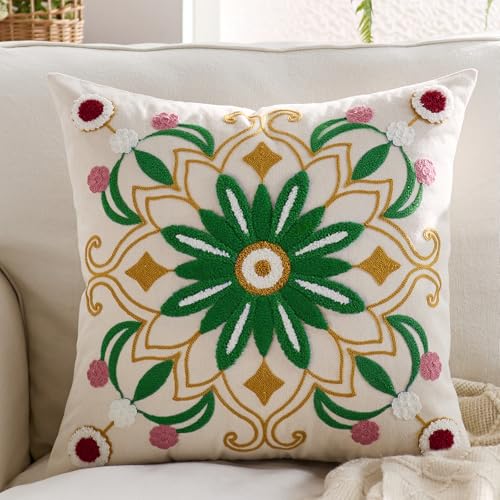Embroidered Floral Throw Pillow Cover 18x18 Set of 1 Green Yellow - color: Green Yellow, size: 18" x 18" (Pack of 1)