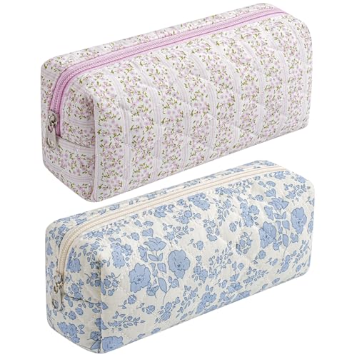 Cute Floral Cotton Makeup Brush Cosmetic Bag for Women, Travel Quilted Zipper Make Up Bag, Flowers Toiletry Organizer Case Kawaii Makeup Cosmetic Travel Cloth Pouch (Pink+Blue Floral) - color: Two Pack: (Pink Floral+Blue Floral)