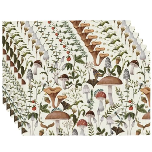 Boho Beige Wild Mushroom Print Placemats Set of 6 12x18 Inch - color: Beige, size: Set of 6