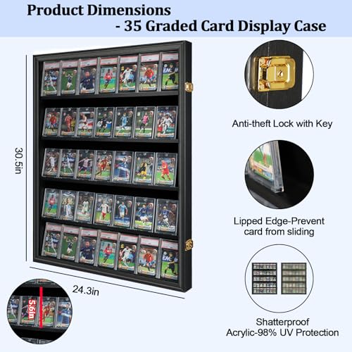 35 Graded Sports Card wall-Mounted Display case for Shows, Black - size: 35 Card - Black - Vertical